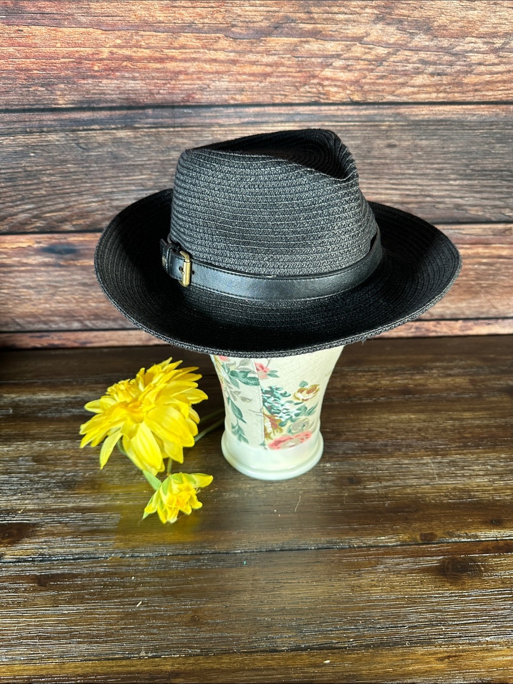 betmar Black Straw Fedora with Leather Band and Gold Buckle